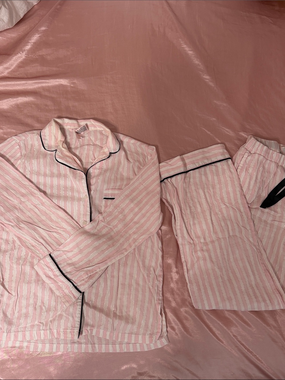 Victoria's Secret Pink and White Striped Cotton Pajama Set with Black Piping